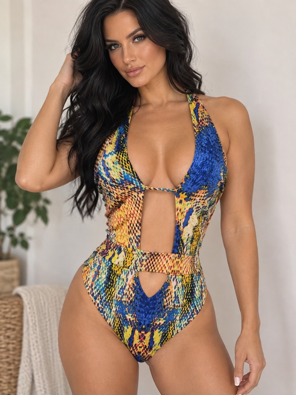 Nwot  MEEk Snake Print 1 Piece Cut Out Halter Swimsuit